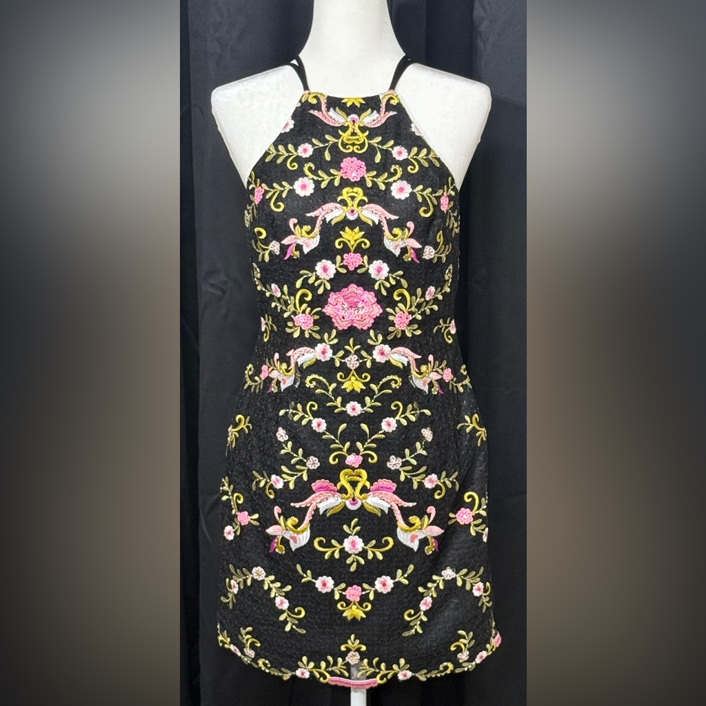 Alyce Paris Black Dress With Pink And Yellow Embroidery